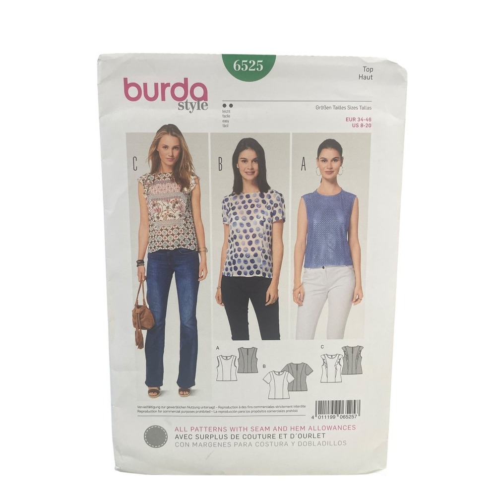Burda Style 6525 Semi-Fitted Top US 8-20 EUR 34-46 Women's Sewing Pattern